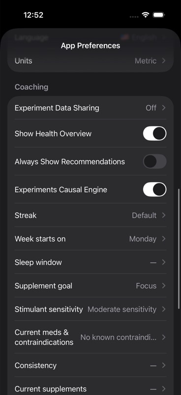 App Preferences showing Experiment Data Sharing set to Off