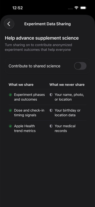 Experiment Data Sharing detail screen with sharing turned off