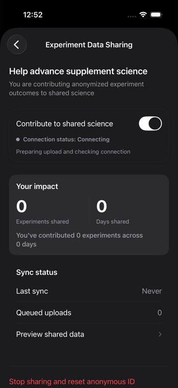 Experiment Data Sharing detail screen with sharing turned on