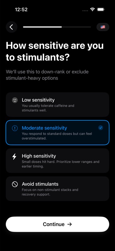 Stimulant sensitivity screen with Moderate selected