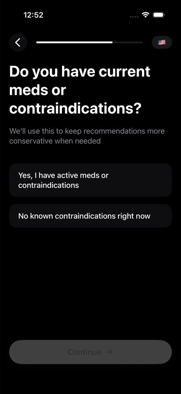Meds and contraindications selection sheet during onboarding