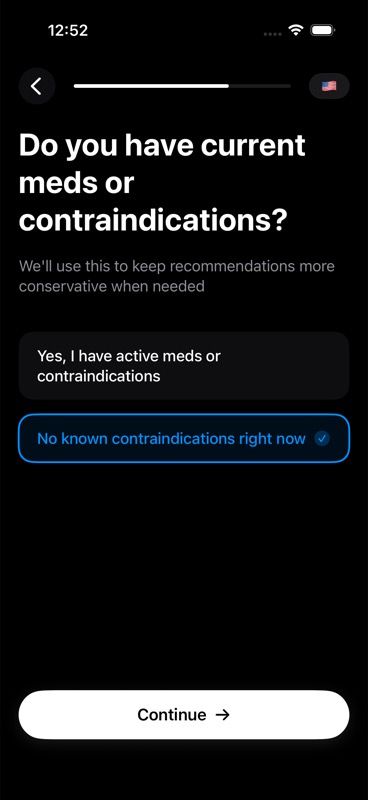 Meds and contraindications screen with no known contraindications selected