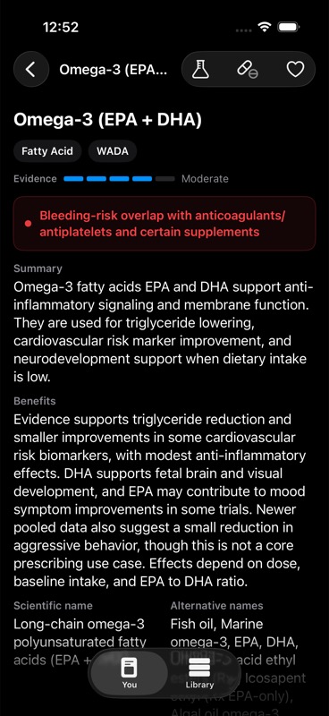 Supplement detail showing Omega-3 evidence, dose, and goal alignment