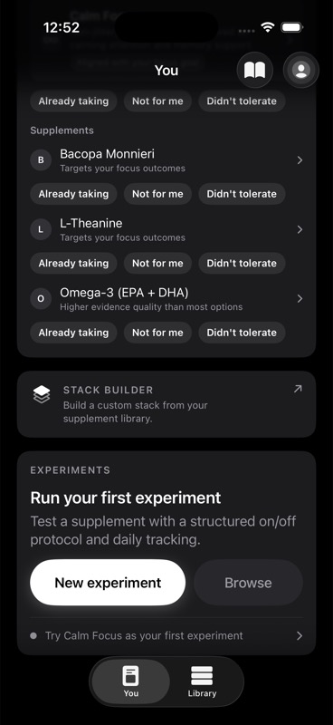 You tab with stack builder and experiments summary