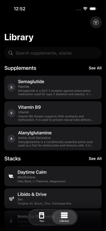 Library tab showing the supplement and stack list