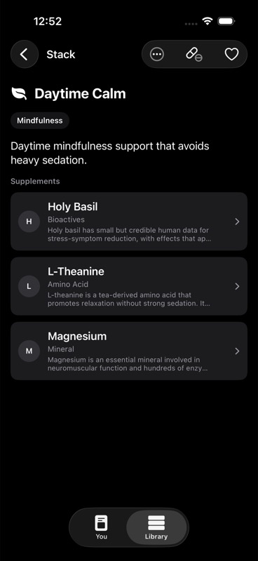 Stack detail for Daytime Calm showing composition, timing, and dose events
