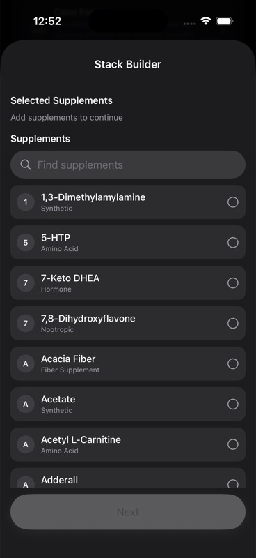 Stack Builder empty state before any supplements are selected