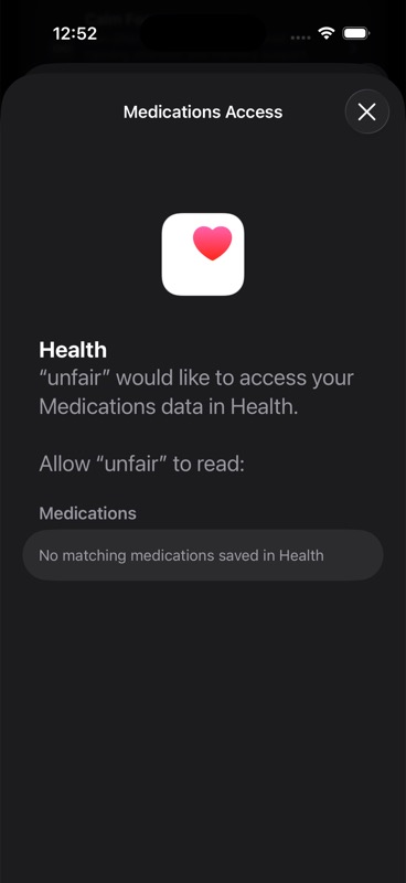 Medication access sheet surfaced during Health exploration