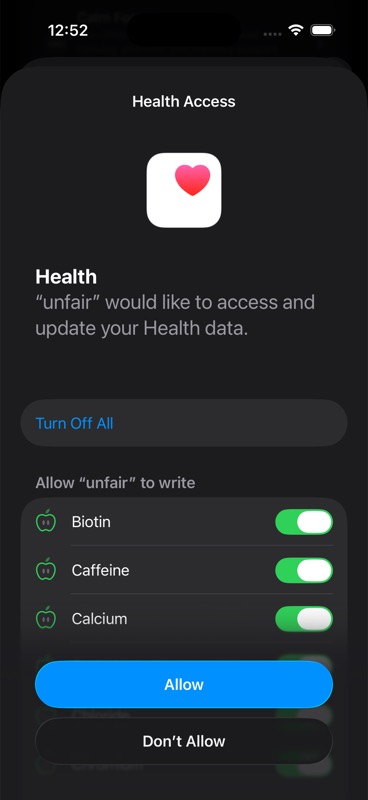 Apple Health permission sheet for Unfair