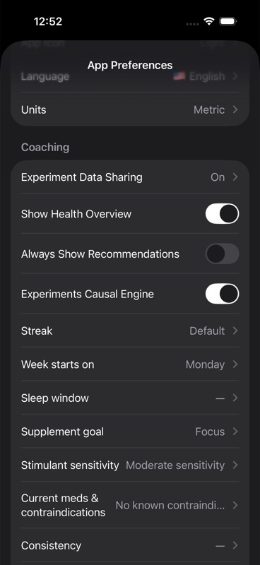App Preferences showing Experiment Data Sharing turned on