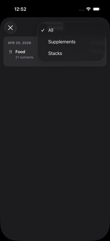 Journal filter menu showing All, Supplements, and Stacks
