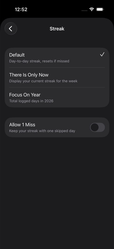 Streak settings screen showing available modes and Allow 1 Miss