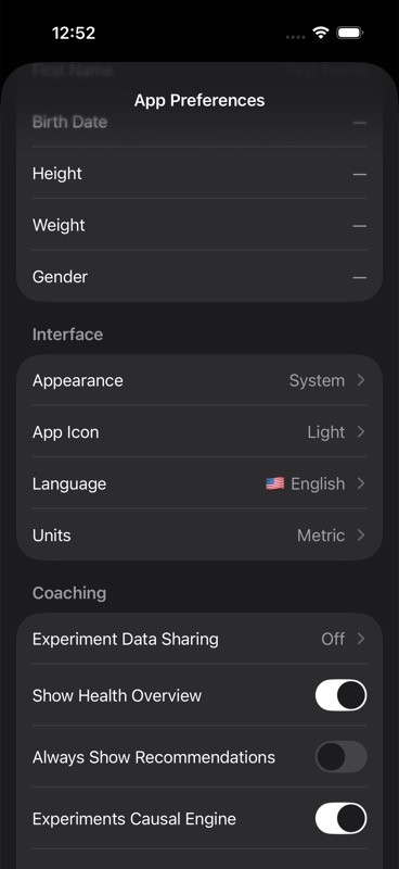 App Preferences showing Interface and Coaching sections