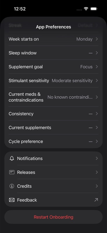 Lower App Preferences section showing Notifications, Releases, Credits, and Feedback