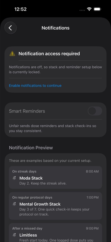 Notifications settings showing preview cards and reminder actions