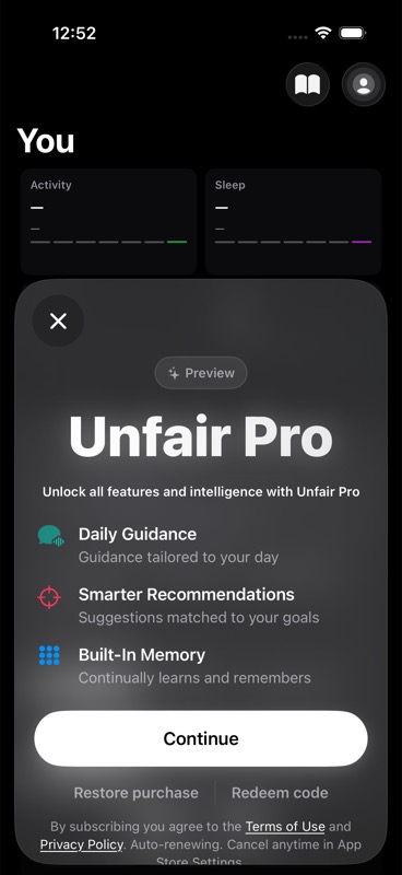 Unfair Pro paywall showing purchase, restore, and redeem actions