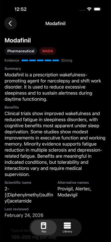 Modafinil detail screen showing evidence, summary, and outcome targets