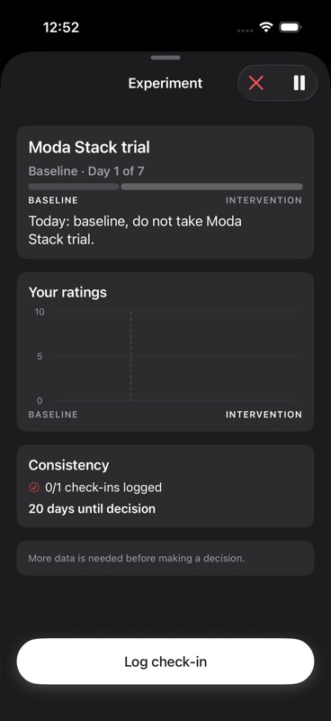 Active experiment screen showing baseline progress, ratings, and consistency